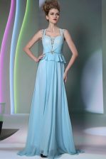 Light Blue Column/Sheath Scoop Sleeveless Chiffon Floor Length Zipper Beading Prom Dress