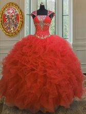 Delicate Coral Red 15 Quinceanera Dress Military Ball and Sweet 16 and Quinceanera with Beading and Ruffles and Sequins Straps Cap Sleeves Lace Up