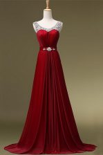  Scoop Wine Red Sleeveless Beading and Belt Zipper Prom Dress