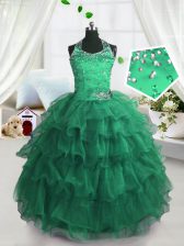  Scoop Sleeveless Beading and Ruffled Layers Lace Up Party Dress