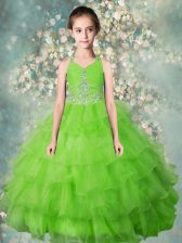 High End Apple Green Organza Zipper Halter Top Sleeveless Floor Length Little Girl Pageant Dress Beading and Ruffled Layers