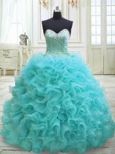 Charming Aqua Blue Sleeveless Organza Sweep Train Lace Up Sweet 16 Dresses for Military Ball and Sweet 16 and Quinceanera