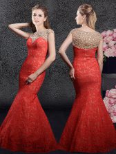 Dynamic Mermaid Red Lace Zipper Homecoming Dress Cap Sleeves Floor Length Beading and Lace
