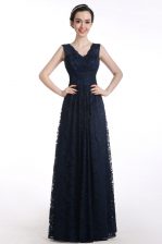 Colorful Black A-line Chiffon V-neck Sleeveless Lace Floor Length Zipper Dress for Prom