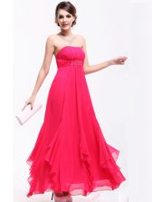  Hot Pink Strapless Neckline Beading and Ruching Prom Gown Sleeveless Zipper