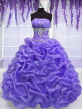 Glorious Lavender Strapless Lace Up Beading Quince Ball Gowns Sleeveless