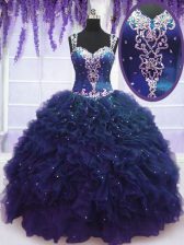 Inexpensive Navy Blue Straps Zipper Beading and Ruffles Quinceanera Gowns Sleeveless