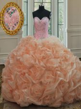  Organza Sweetheart Sleeveless Sweep Train Lace Up Beading and Pick Ups 15 Quinceanera Dress in Peach
