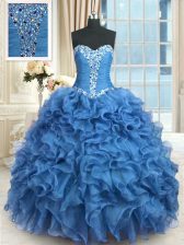  Baby Blue Ball Gowns Beading and Ruffles Sweet 16 Dresses Lace Up Organza Sleeveless Floor Length