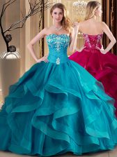  Teal Ball Gowns Tulle Sweetheart Sleeveless Embroidery and Ruffles Floor Length Lace Up Sweet 16 Quinceanera Dress