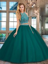  Scoop Dark Green Sleeveless Floor Length Beading Backless 15 Quinceanera Dress