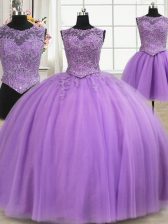 Custom Fit Three Piece Tulle Scoop Sleeveless Lace Up Beading and Appliques Vestidos de Quinceanera in Lilac