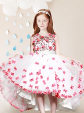 Fashion White And Red Tulle Zipper Scoop Sleeveless High Low Flower Girl Dresses for Less Lace and Appliques