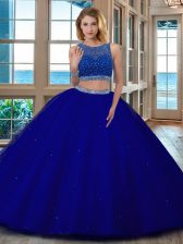  Royal Blue Quince Ball Gowns Military Ball and Sweet 16 and Quinceanera with Beading Scoop Sleeveless Backless
