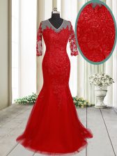 Lovely Mermaid Red V-neck Clasp Handle Lace Brush Train Half Sleeves