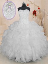 Pretty White Ball Gowns Sweetheart Sleeveless Organza Floor Length Lace Up Beading and Ruffles Sweet 16 Dresses
