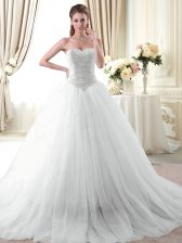  Sleeveless Tulle With Brush Train Lace Up 15 Quinceanera Dress in White with Beading