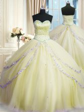 Decent Light Yellow Lace Up Sweetheart Beading and Appliques Quinceanera Gowns Organza Sleeveless Court Train