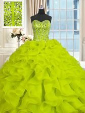 Captivating Yellow Green Ball Gowns Beading and Ruffles 15 Quinceanera Dress Lace Up Organza Sleeveless With Train