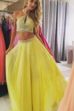 Popular Halter Top Yellow A-line Beading Prom Dress Zipper Chiffon Sleeveless Floor Length