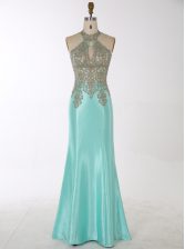  Mermaid Aqua Blue Homecoming Dress Prom and Party with Beading High-neck Sleeveless Zipper