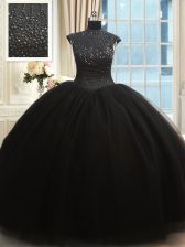 Fashion High Neck Black Zipper Ball Gown Prom Dress Beading Cap Sleeves Floor Length