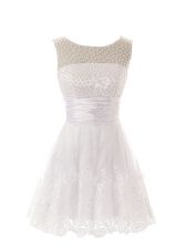 Vintage Scoop Beading and Lace Prom Evening Gown White Zipper Sleeveless Mini Length