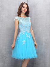 Admirable Scoop Organza Cap Sleeves Knee Length Prom Evening Gown and Beading and Appliques