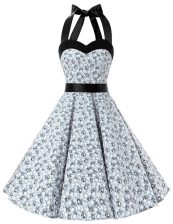 Artistic White And Black Chiffon Zipper Halter Top Sleeveless Knee Length Prom Party Dress Sashes ribbons and Pattern