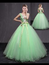 Fitting Apple Green Ball Gowns Appliques and Belt Quinceanera Gowns Lace Up Tulle Sleeveless Floor Length