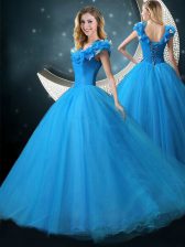 Ideal Blue Lace Up Quinceanera Dresses Appliques Cap Sleeves Floor Length