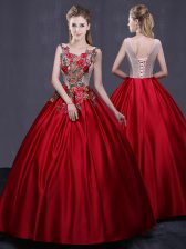 Exquisite Wine Red 15th Birthday Dress Military Ball and Sweet 16 and Quinceanera with Appliques Scoop Sleeveless Lace Up