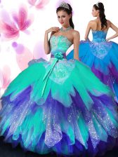  Tulle Sleeveless Floor Length Sweet 16 Dress and Appliques and Ruffled Layers and Hand Made Flower