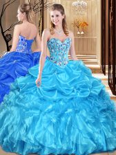 Deluxe Aqua Blue Ball Gowns Lace and Appliques 15 Quinceanera Dress Lace Up Organza Sleeveless Floor Length