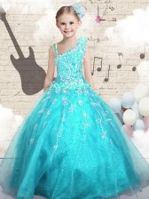 Charming Aqua Blue Sleeveless Appliques Floor Length Little Girls Pageant Dress Wholesale