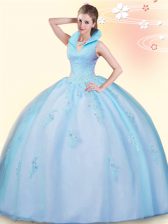 Exquisite Sleeveless Floor Length Beading and Appliques Backless Sweet 16 Quinceanera Dress with Baby Blue