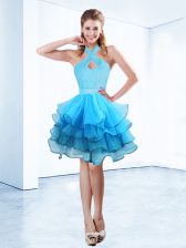Best Organza Halter Top Sleeveless Zipper Ruffles and Ruching and Belt Dress for Prom in Baby Blue