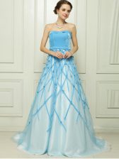 Fantastic Strapless Sleeveless Evening Dress Floor Length Appliques Baby Blue Tulle
