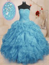  Baby Blue Ball Gowns Sweetheart Sleeveless Organza Floor Length Lace Up Beading and Ruffles and Ruching Quinceanera Dresses
