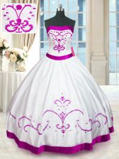  White Satin Lace Up Quinceanera Gowns Sleeveless Floor Length Beading and Embroidery and Belt