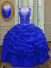  Straps Sleeveless Floor Length Beading and Pick Ups Lace Up Quinceanera Gowns with Royal Blue