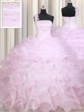 Superior One Shoulder Floor Length Zipper Ball Gown Prom Dress Baby Pink for Military Ball and Sweet 16 and Quinceanera with Beading and Ruffles