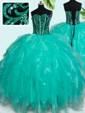 Comfortable Organza Sweetheart Sleeveless Lace Up Beading and Ruffles Ball Gown Prom Dress in Turquoise