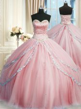 New Arrival With Train Pink 15th Birthday Dress Tulle Court Train Sleeveless Beading and Appliques