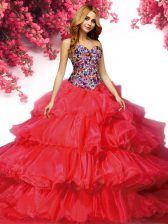  Ruffled With Train Ball Gowns Sleeveless Red 15th Birthday Dress Brush Train Lace Up