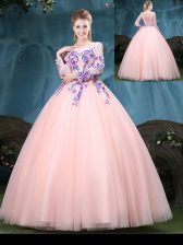  Scoop Long Sleeves Quinceanera Dresses Floor Length Appliques Baby Pink Tulle