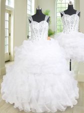 Luxury Three Piece Straps White Organza Lace Up Ball Gown Prom Dress Sleeveless Floor Length Beading and Ruffles