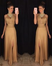 High Quality Gold Satin Zipper Scoop Sleeveless Floor Length Dress for Prom Beading