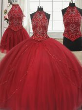 New Style Three Piece Halter Top Red Ball Gowns Beading Vestidos de Quinceanera Lace Up Tulle Sleeveless With Train