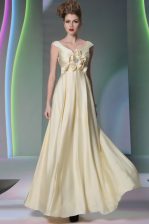  Light Yellow Column/Sheath Scoop Cap Sleeves Chiffon Floor Length Side Zipper Beading and Ruching and Hand Made Flower Dress for Prom